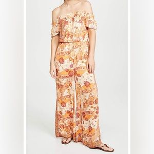 Free People paisley cream and orange jumpsuit off the shoulder size S
